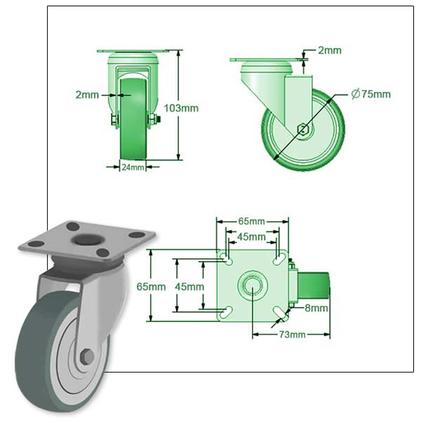 Light Gray 75mm Swivel, Fixed & Braked Apparatus Castor with 4 bolt Fitting Total Stop Brake & Grey Non Marking Wheel 50kg Load Capacity