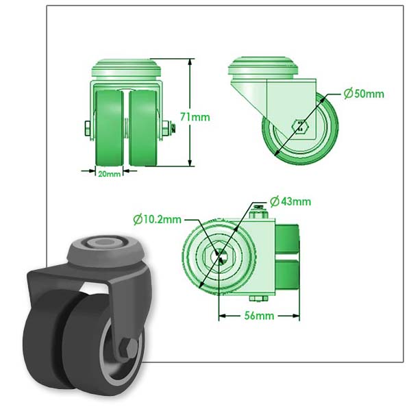 Dim Gray 50mm Apparatus Castor with Swivel & Braked Single Bolt Fitting & Twin Grey Non Marking Wheel - 60kg Load Capacity