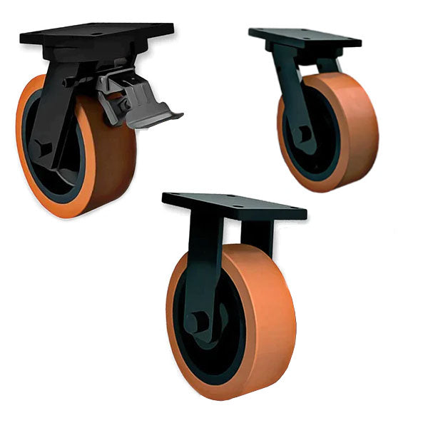 Dark Salmon 200mm Ultra Heavy Duty Swivel, Fixed & Braked Castor With 4 Bolt Fixing Plate 1400kg Load Capacity