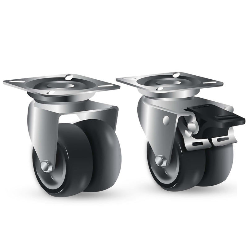 50mm Swivel & Total Stop Brake Castors, 4 Bolt Fitting & Twin Grey Non Marking Wheel - 60kg Load Capacity