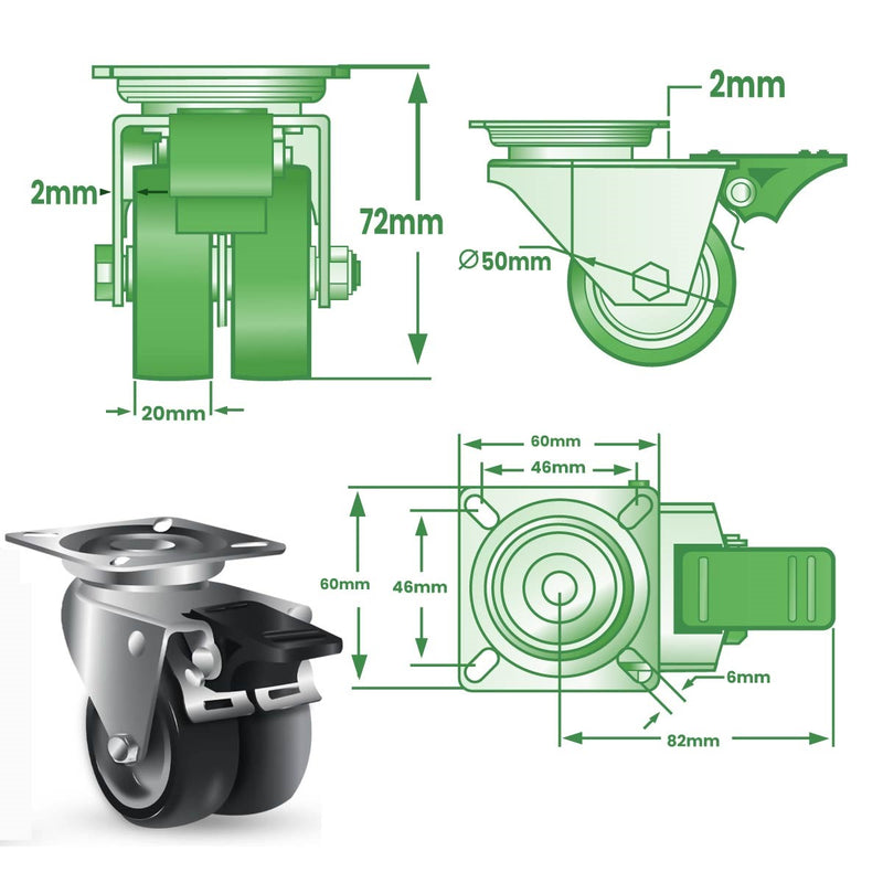 50mm Swivel & Total Stop Brake Castors, 4 Bolt Fitting & Twin Grey Non Marking Wheel - 60kg Load Capacity