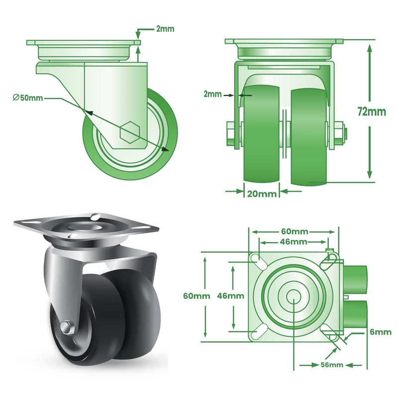 50mm Swivel & Total Stop Brake Castors, 4 Bolt Fitting & Twin Grey Non Marking Wheel - 60kg Load Capacity