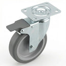 Zinc Plated Swivel Retail Castor Wheel with Brake - Grey Rubber & 4-Hole Top Plate
