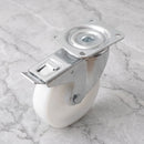 Braked swivel castor with white nylon wheel, brake lever and top plate
