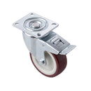 Braked swivel castor with red polyurethane wheel and white nylon centre 2