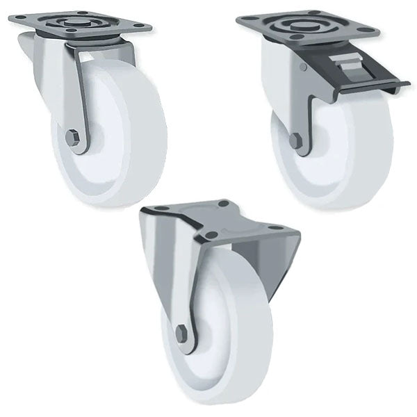 Light Gray 200mm Stainless Steel Swivel, Fixed & Braked Castor with 4 bolt fixing plate 500kg Load Capacity