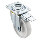 Swivel castor with directional lock pedal, white nylon wheel and zinc plated top plate