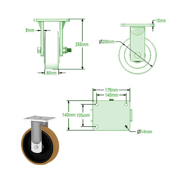 Beige 200mm Ultra Heavy Duty Swivel & Braked Castors with Polyurethane on Cast Iron Centre Ball Bearing Bore 1400kg Load