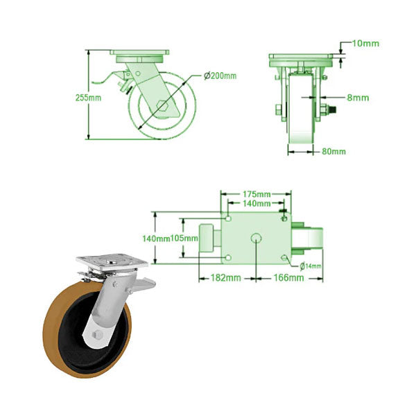 Light Gray 200mm Ultra Heavy Duty Swivel & Braked Castors with Polyurethane on Cast Iron Centre Ball Bearing Bore 1400kg Load