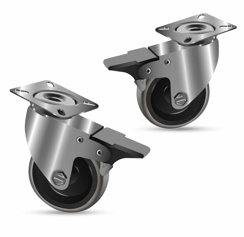 100mm Braked Swivel Castor, Grey Rubber Wheel, 80kg Load Capacity, Top Plate, Plain Bearing, Durable Polypropylene Centre, 4 Pack