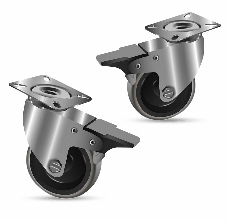 75mm Braked Swivel Castors, Grey Rubber Wheels, 70kg Load Capacity, Top Plate Fitting, Easy Brake Operation, Ideal for Display & POS Equipment, 4-Pack