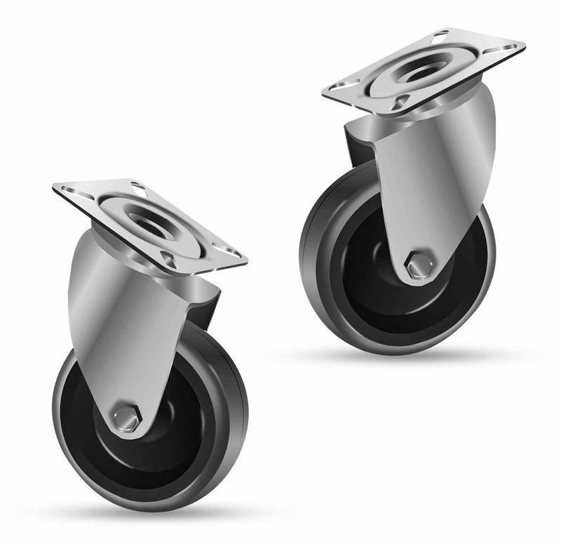 100mm Light Duty Swivel Castors, Grey Rubber Wheels, 80kg Load Capacity, Top Plate Fitting, Plain Bearing, Ideal for Furniture & Equipment