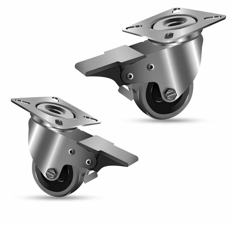 50mm Grey Rubber Swivel Castor Wheels with Brake, 72mm Height, 60kg Load Capacity, M6 Bolt Plate, Furniture & POS Castors, Plain Bearing, 4-Pack