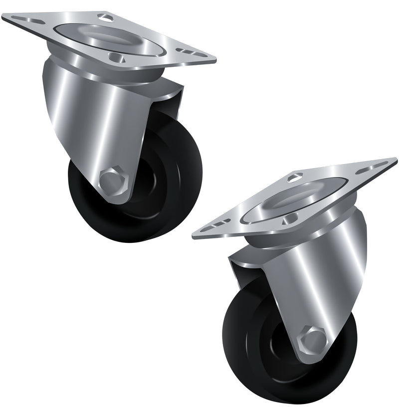 50mm Swivel Castors, Black Polypropylene Wheels, 65kg Load Capacity, Top Plate Mount, 72mm Height, 4x M6 Bolt Fixing