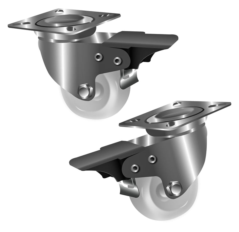 50mm Swivel Castor with Brake, Nylon Wheel, 65kg Load Capacity, Top Plate, Plain Bearing, 72mm Height, 4 x M6 Bolt Fixing for Light Duty Applications