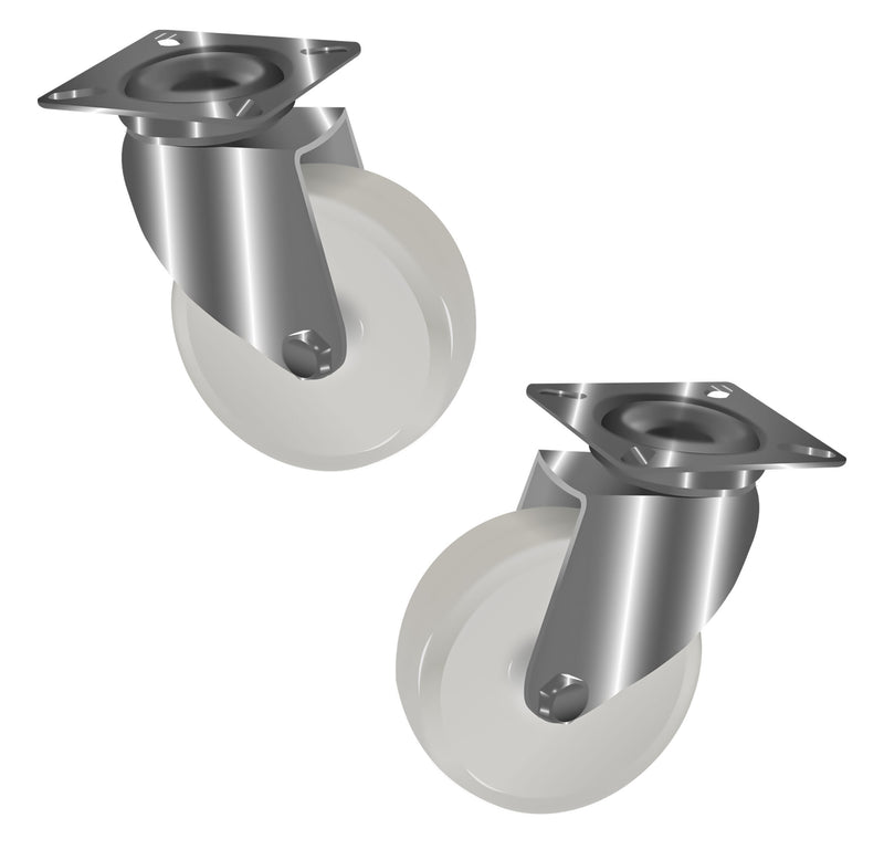 75mm Swivel Castors, White Nylon Wheels, 75kg Load Capacity, Top Plate Fitting, Plain Bearing, Durable Polyamide, Heavy Duty for Furniture & Equipment