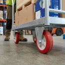 Rosy Brown 80mm Pressed Steel Fixed Castor Wheel - Red Polyurethane on White Nylon - 90kg Load Capacity